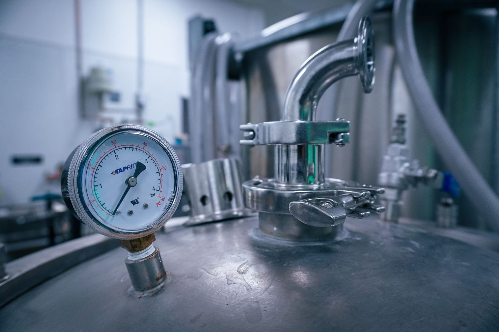 Pressure gauge and valves on a heating system